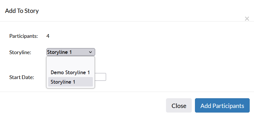 Screenshot of the pop-up window that appears when selecting Add Group to Story from the contact list page, with the storyline dropdown selected