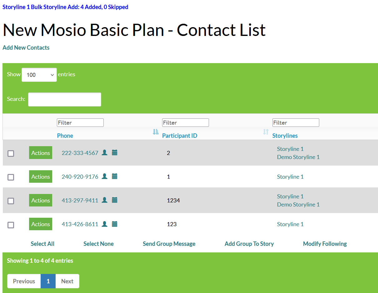 Screenshot of the Mosio contact list page, with multiple storylines assigned to participants