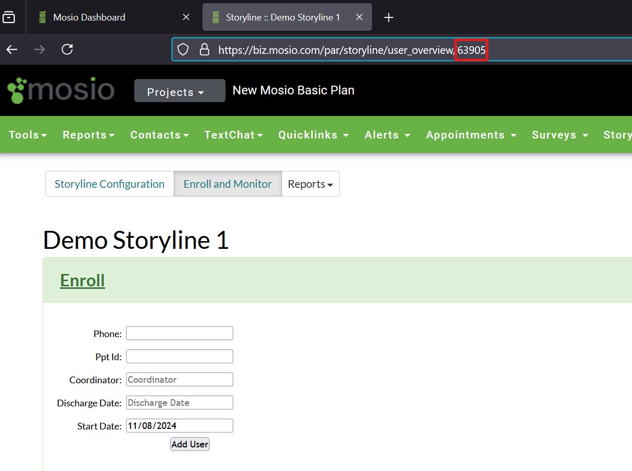 Screenshot of a Mosio storyline, with the browser's URL bar appearing. The numeric values at the end of the URL are highlighted