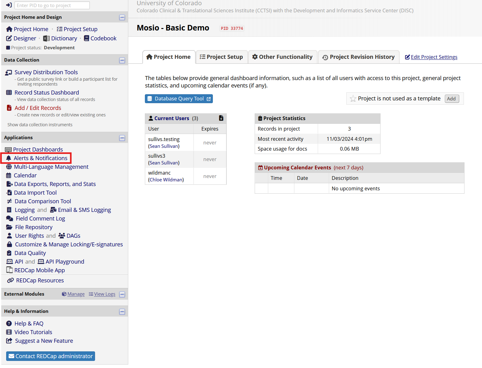 Screenshot of a REDCap Project homepage, with the Alerts & Notifications hyperlink highlighted.