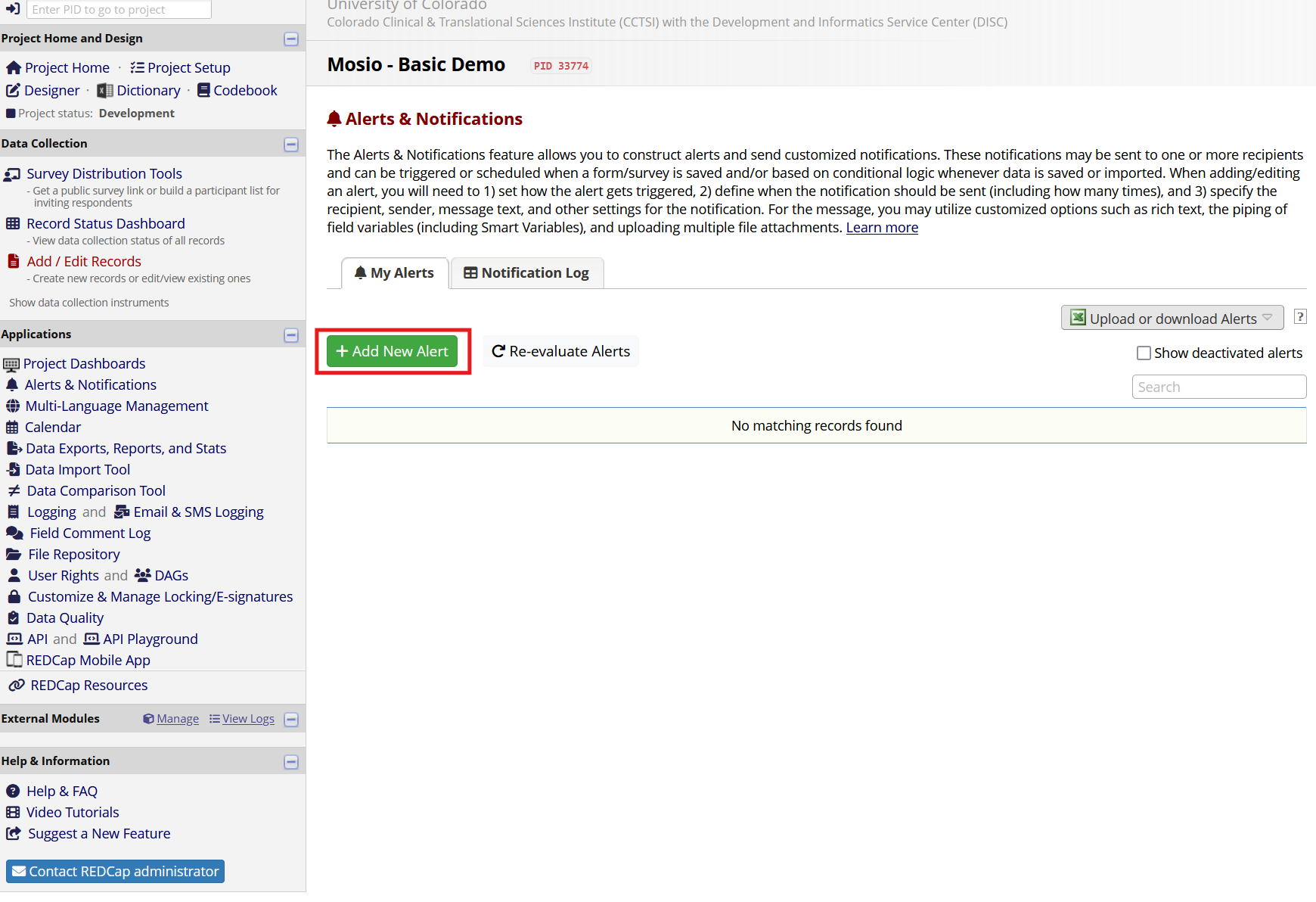 Screenshot of a REDCap Alerts & Notifications page, with the Add alert button highlighted