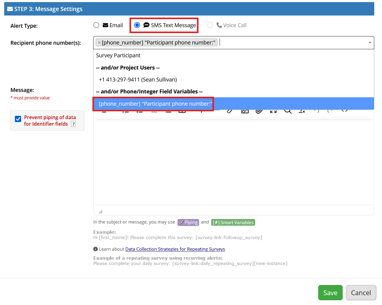 Screenshot of the Step 3 section of a REDCap alert creation pop-up menu. SMS Text Message is selected and highlighted, as is a field named phone_number for the recipient phone number field.