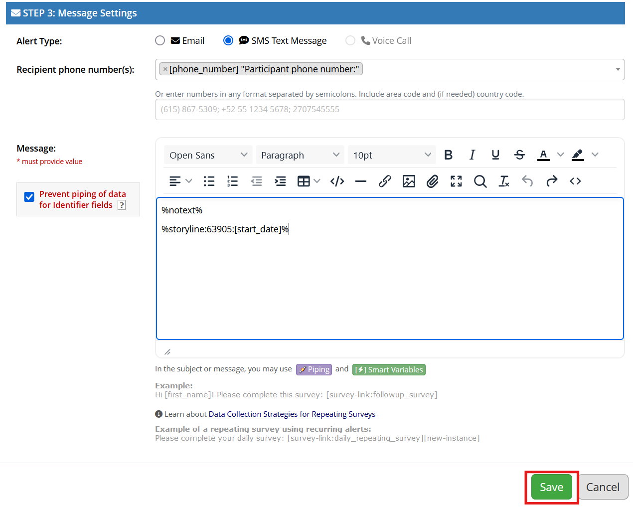 Screenshot of the Step 3 section of a REDCap alert creation pop-up menu. The save button is highlighted.