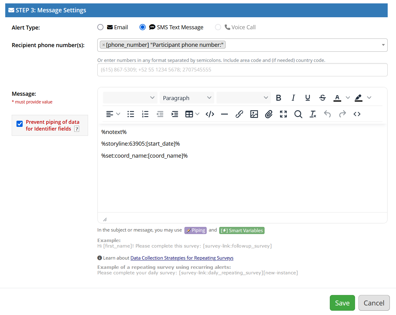 Screenshot of the Step 3 section of a REDCap alert creation pop-up menu. The message field has multiple lines, including %set:coord_name:[coord_name]%