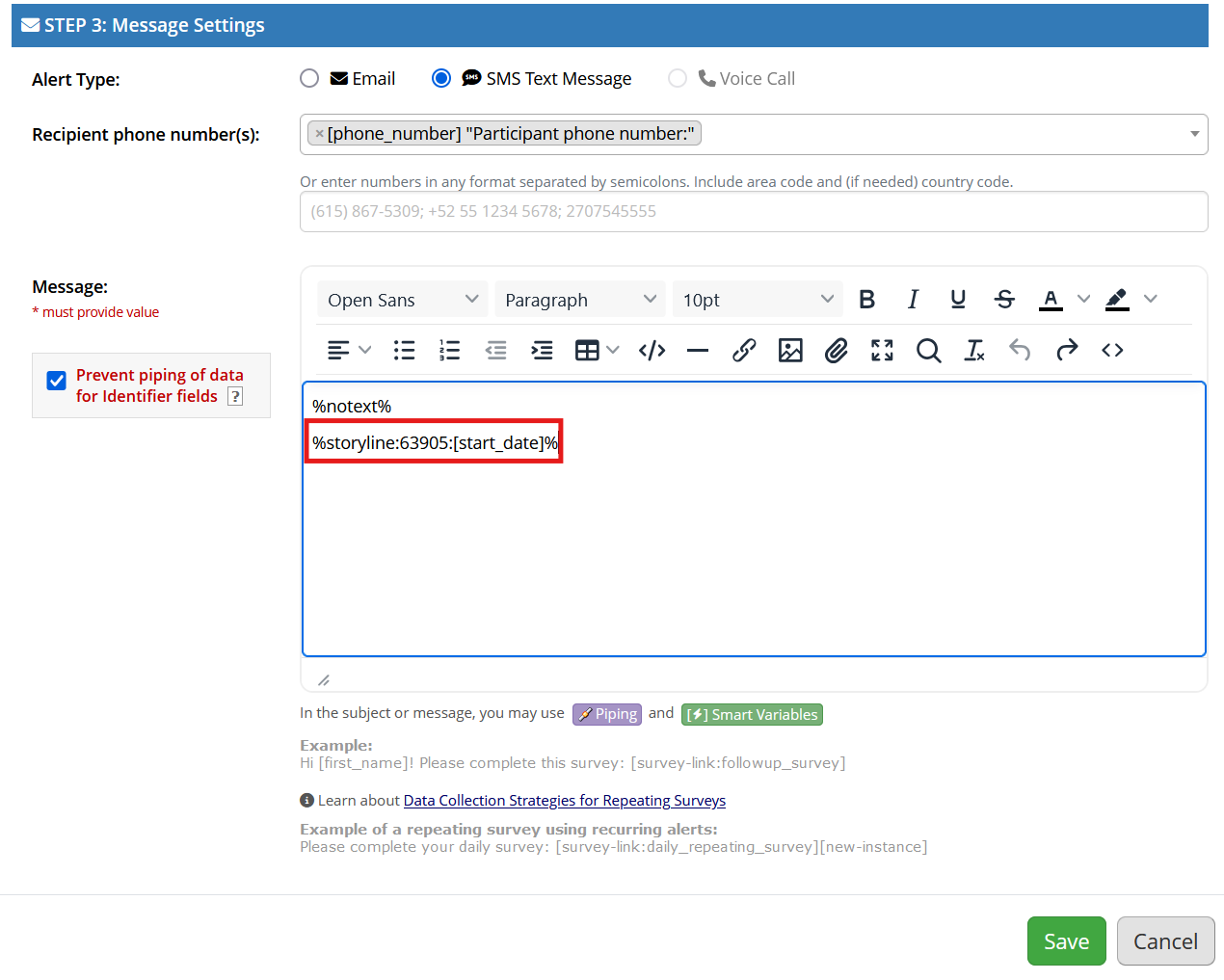 Screenshot of the Step 3 section of a REDCap alert creation pop-up menu. The text %storyline:63905:[start_date]% has been entered into the message section, and has also been highlighted.
