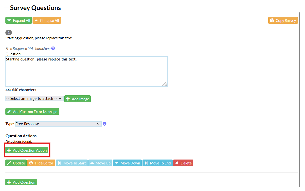 Screenshot of the Mosio survey creation/edit user interface, with the section expanded. The add question action button is highlighted.