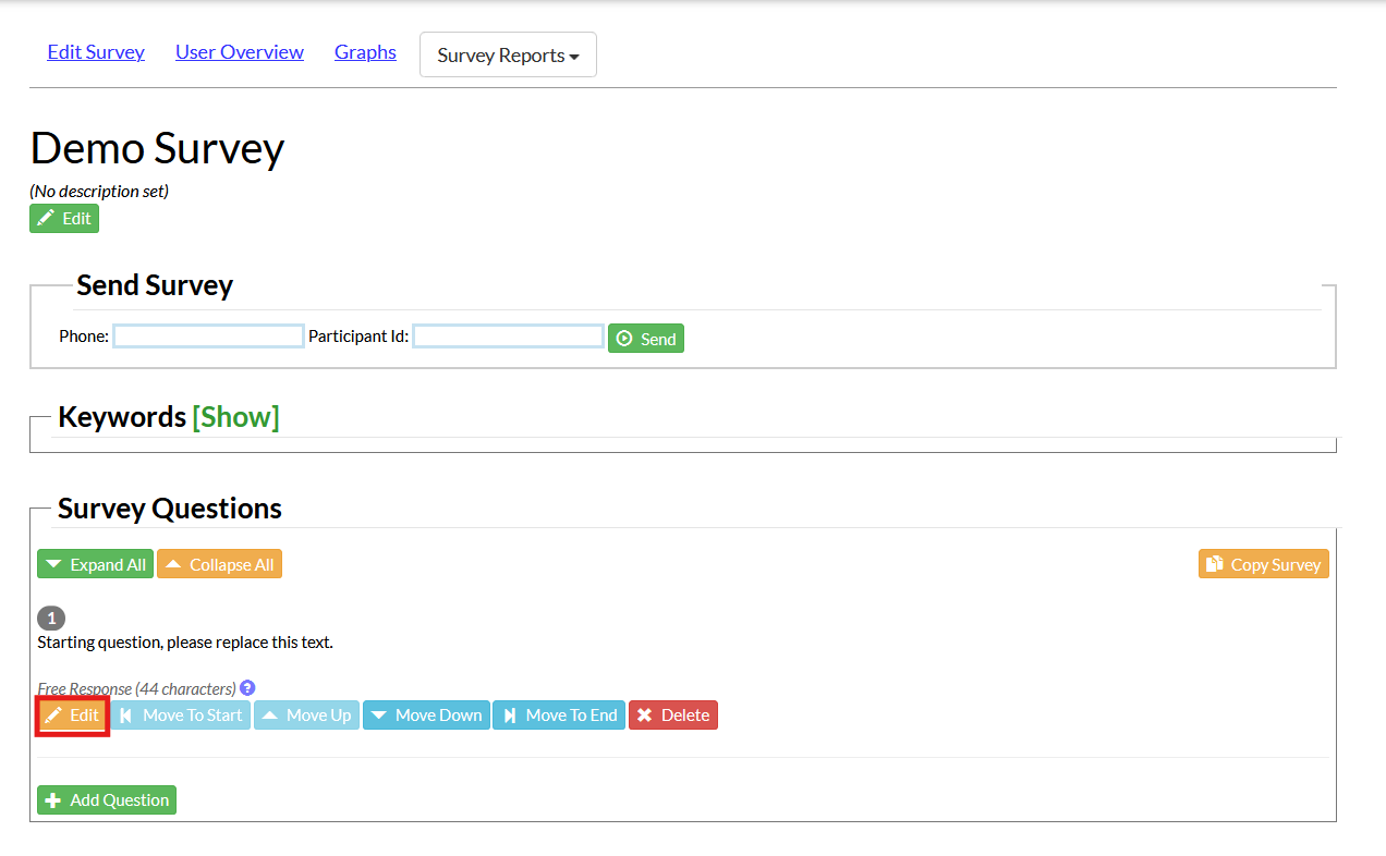Screenshot of the Mosio survey creation/edit user interface. The Edit button is highlighted for the survey questions section.