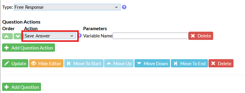 Screenshot of the Mosio survey creation/edit user interface, with the add question action section expanded. Save answer is selected in the action category, which is highlighted.