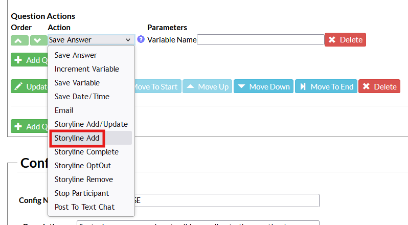 Screenshot of the Mosio survey creation/edit user interface, with the add question action section expanded. The action dropdown is selected, with the Storyline add option highlighted.