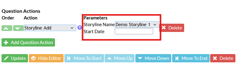 Screenshot of the Mosio survey creation/edit user interface, with the add question action section expanded. Storyline Add is selected in the action category, and the parameters are highlighted