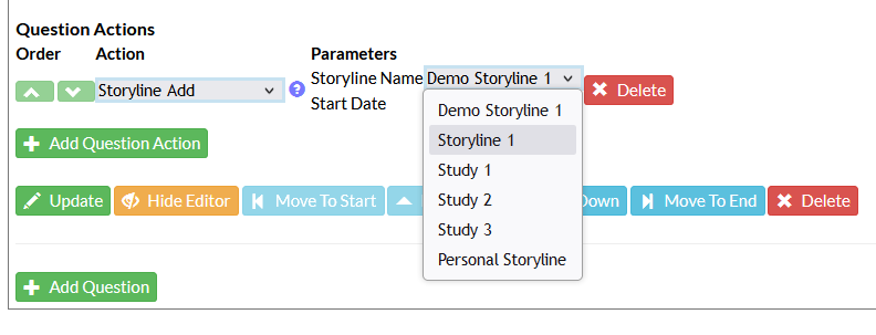 Screenshot of the Mosio survey creation/edit user interface, with the add question action section expanded. Storyline Add is selected in the action category, and the storyline name dropdown is expanded