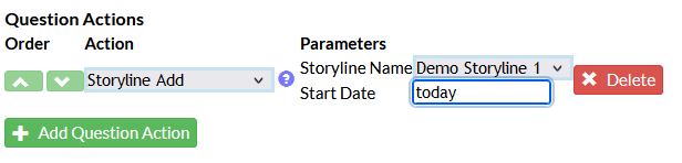 Screenshot of the Mosio survey creation/edit user interface, with the add question action section expanded. Storyline Add is selected in the action category, and the start date field has the word today entered