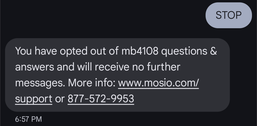 Screenshot of a mobile device with the sender writing stop and the reply being the default response