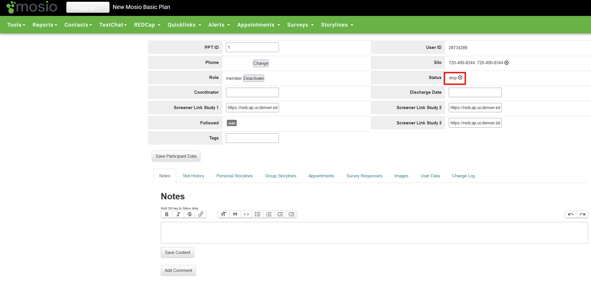 Screenshot of participant's profile in Mosio, with the stop status being highlighted