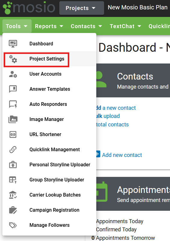 Screenshot of the Mosio project dashboard, with the Tools dropdown menu selected, and the Project settings button highlighted