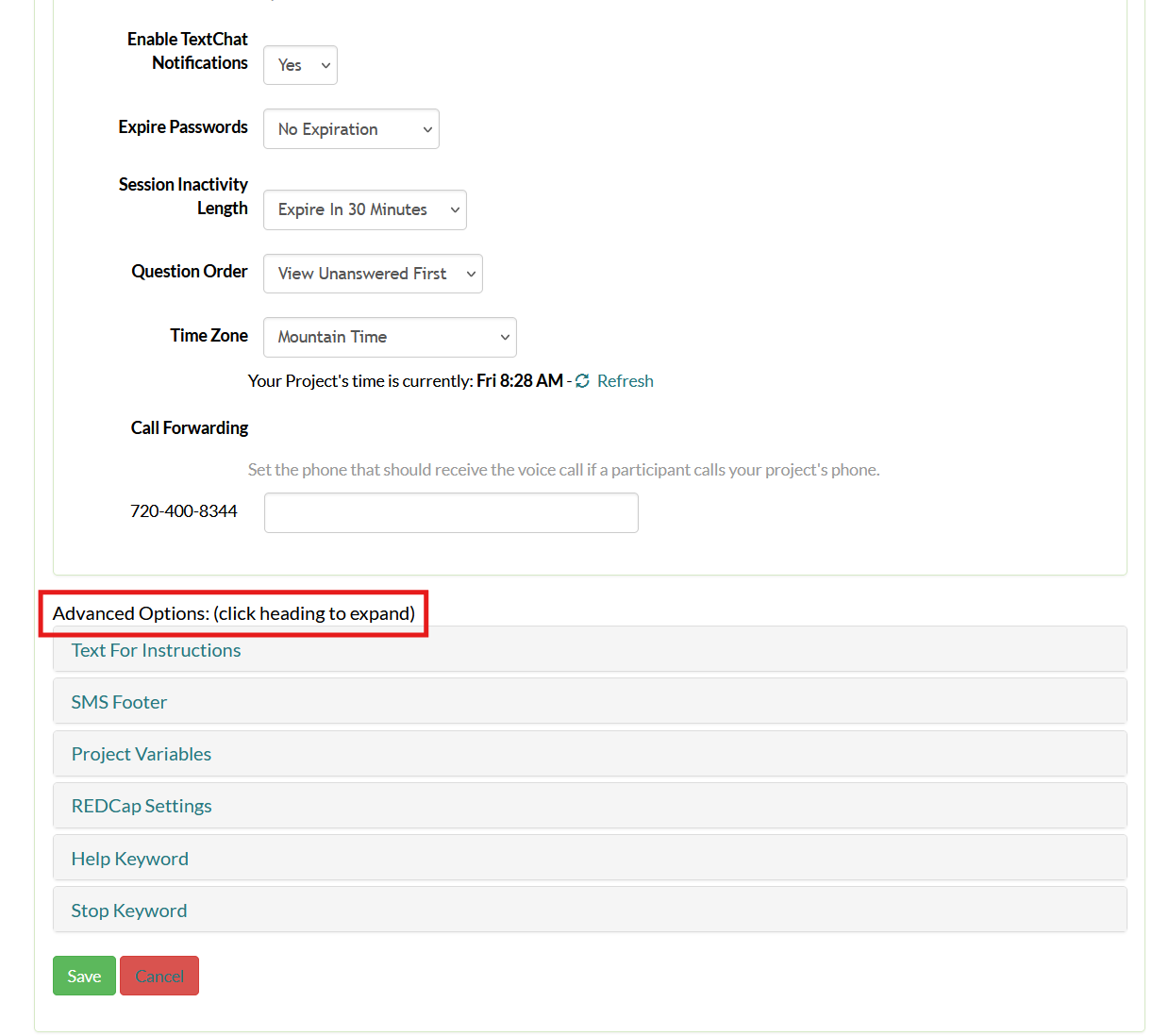 Screenshot of the Mosio project settings page, with the Advanced options section highlighted.