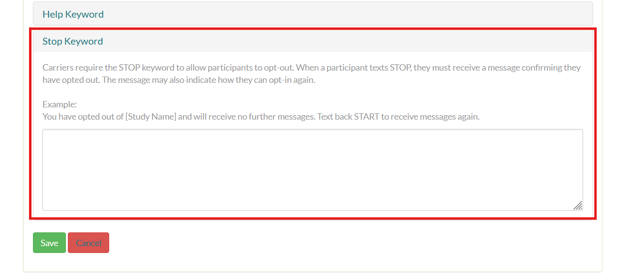 Screenshot of the Mosio project settings page, with the Stop Keyword option and the following textbox are highlighted