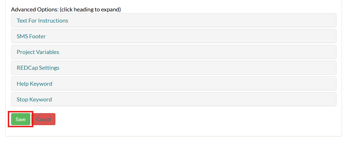Screenshot of the Mosio project settings page, with Save button below advanced options highlighted