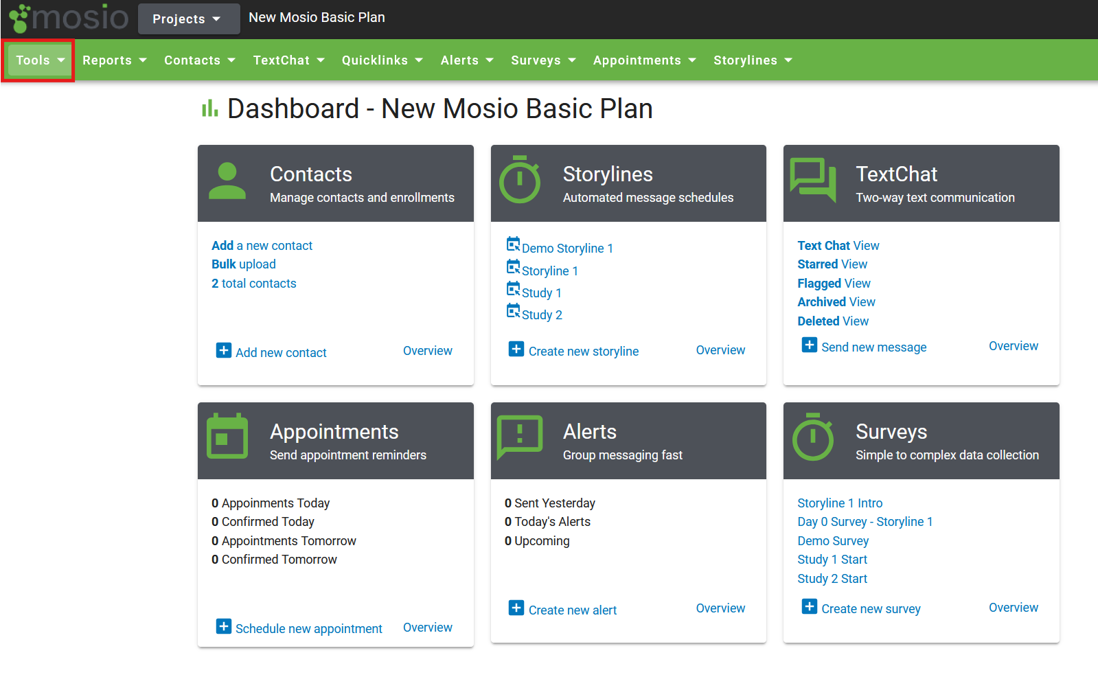 Screenshot of the Mosio project dashboard, with the Tools dropdown menu highlighted.