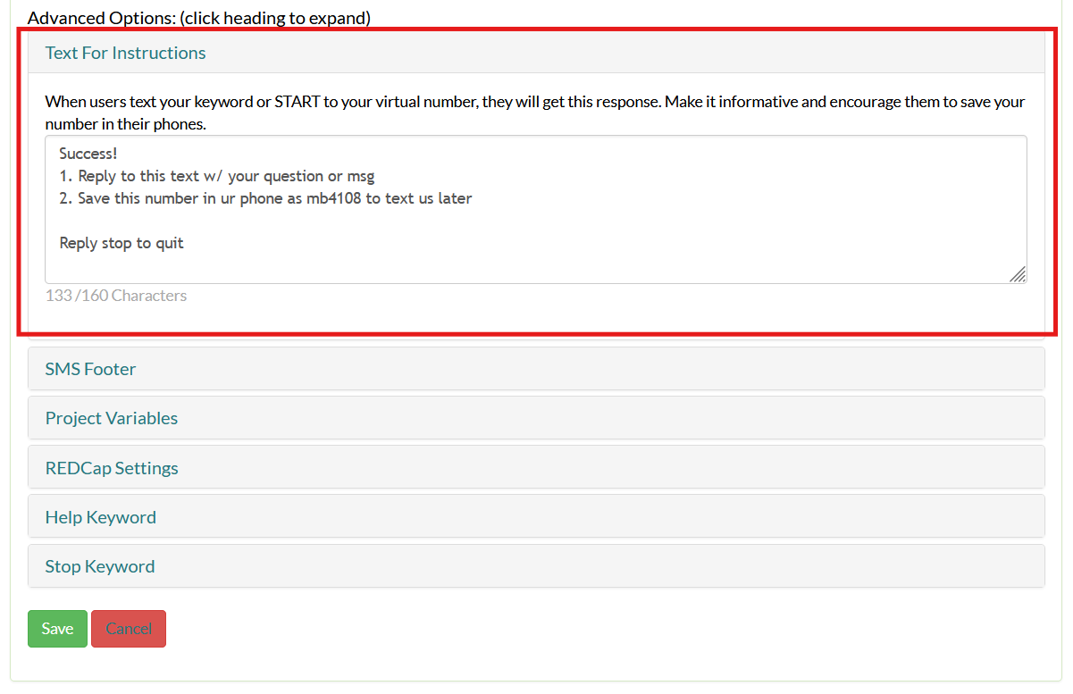 Screenshot of the Mosio project settings page, with the Text for Instructions option and the following textbox are highlighted