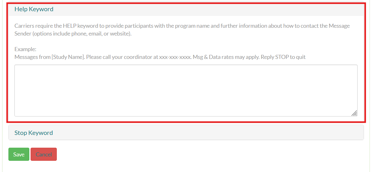 Screenshot of the Mosio project settings page, with the Help Keyword option and the following textbox are highlighted