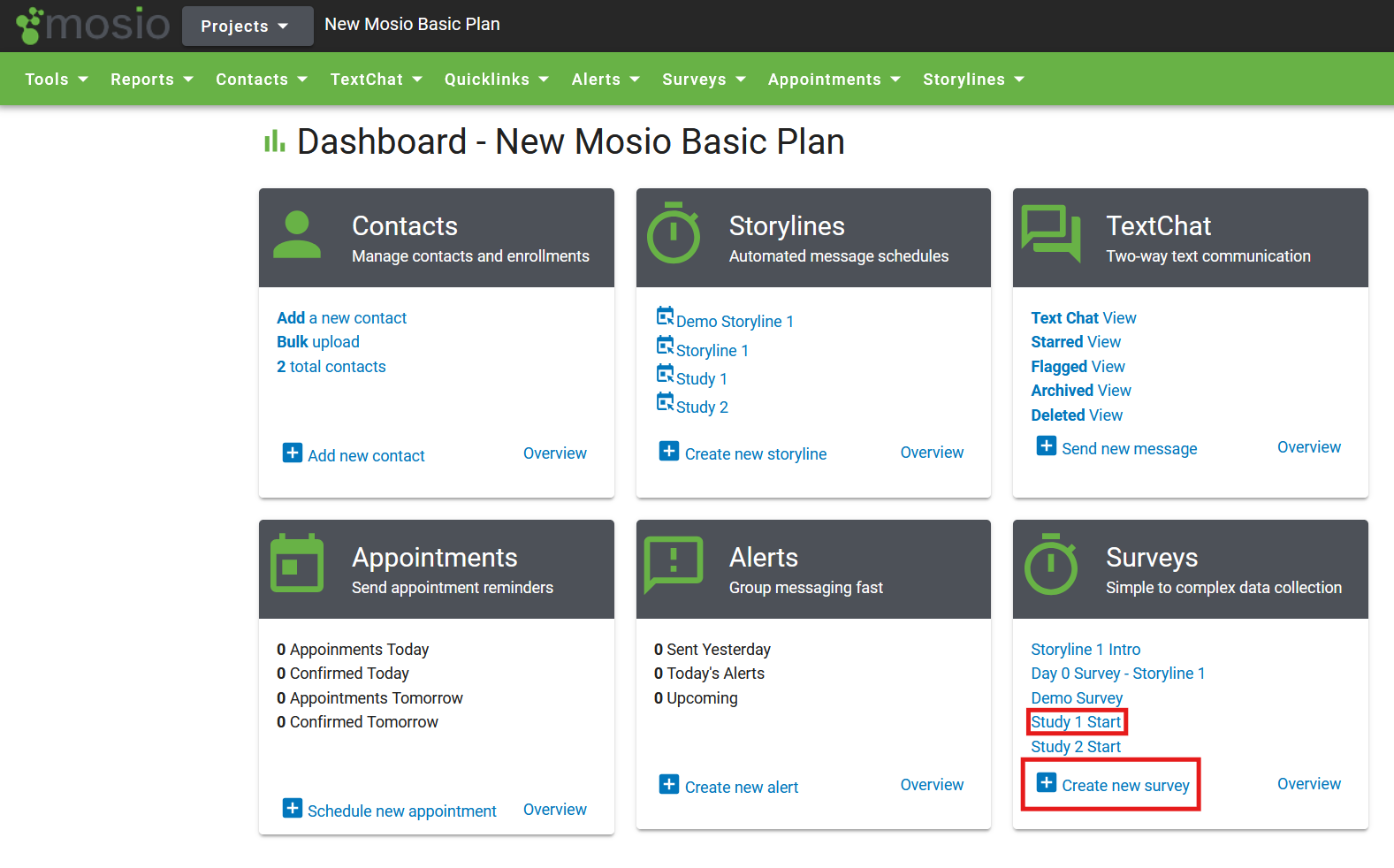 Screenshot of a Mosio project dashboard, with the name of a Survey and the Create New survey text highlighted