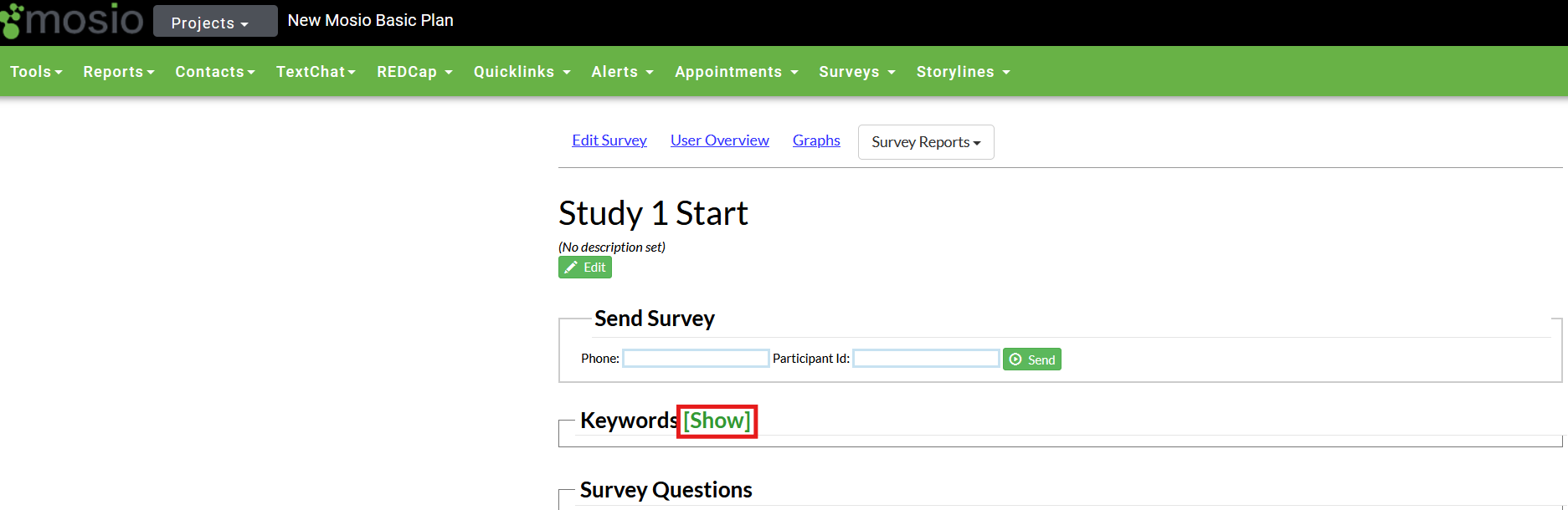 Screenshot of a survey edit page in Mosio, with the [Show] text highlighted