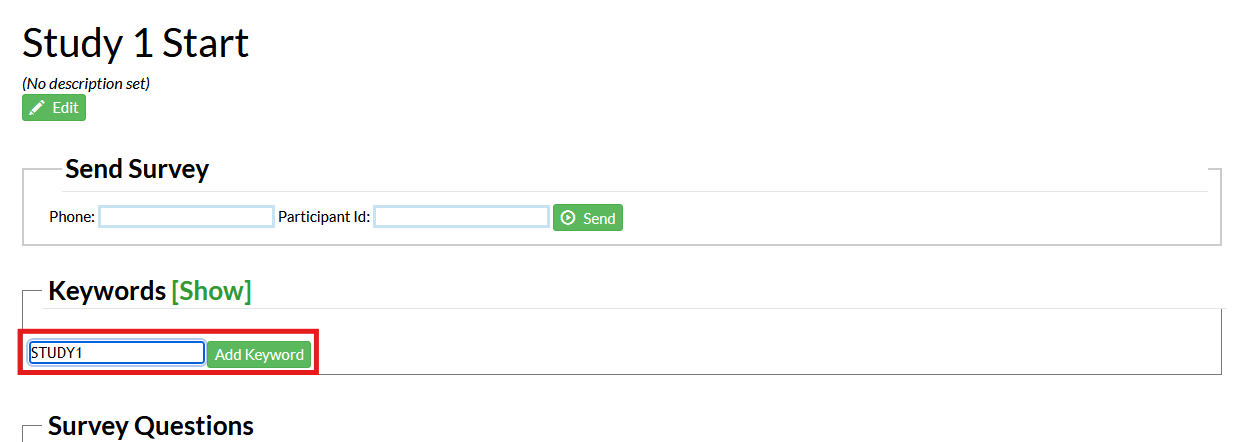 Screenshot of a survey edit page in Mosio, with the Add Keyword and respective textbox highlighted
