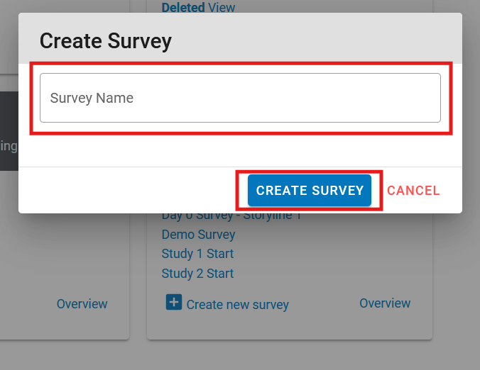 Screenshot of a pop-up window on the Mosio project dashboard, with the Survey name field and the create survey button highlighted