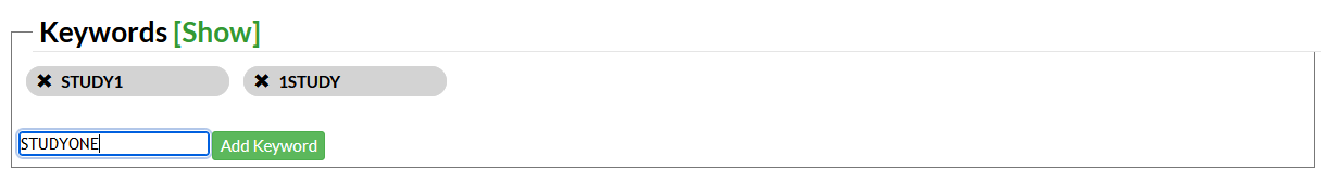 Screenshot of a survey edit page in Mosio, displaying multiple saved keywords