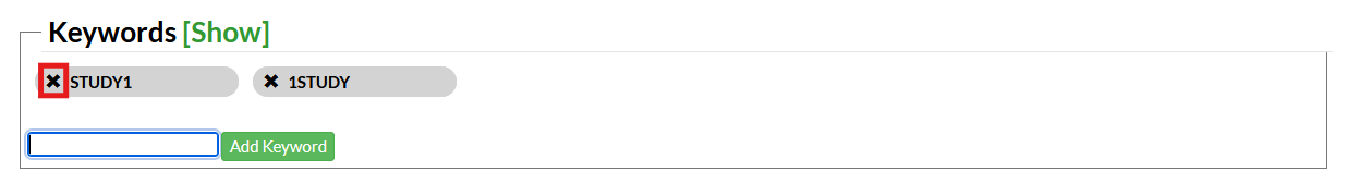 Screenshot of a survey edit page in Mosio, with the X button next to a keyword highlighted
