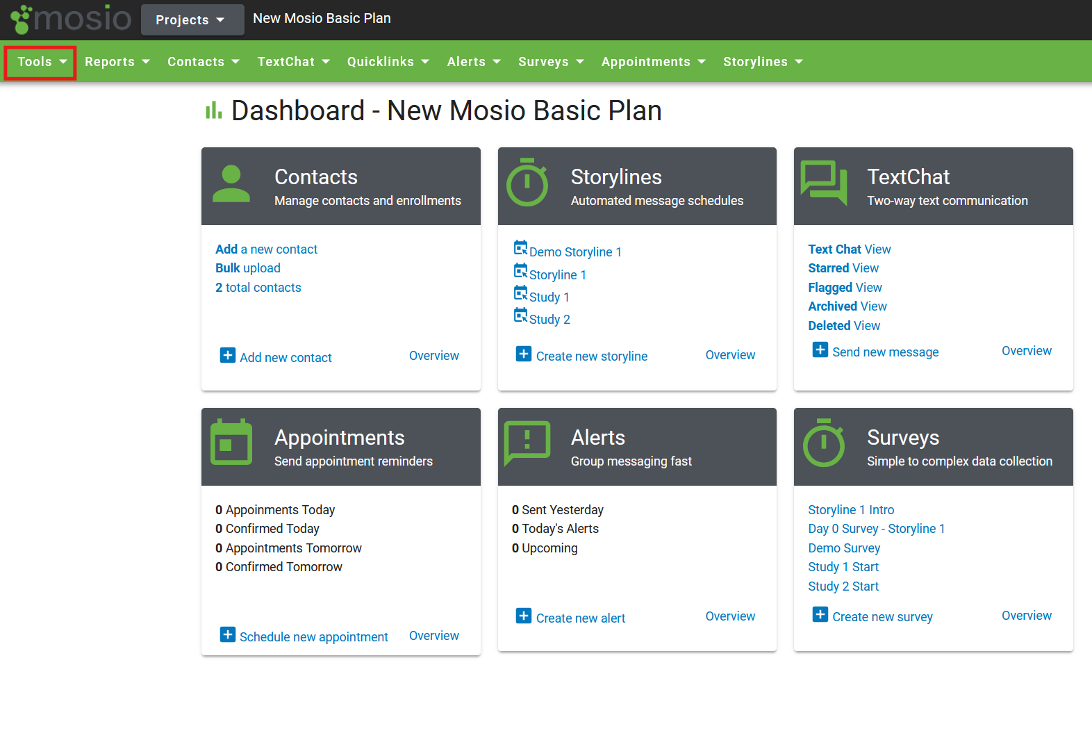 Screenshot of the Mosio project dashboard, with the Tools dropdown menu highlighted.
