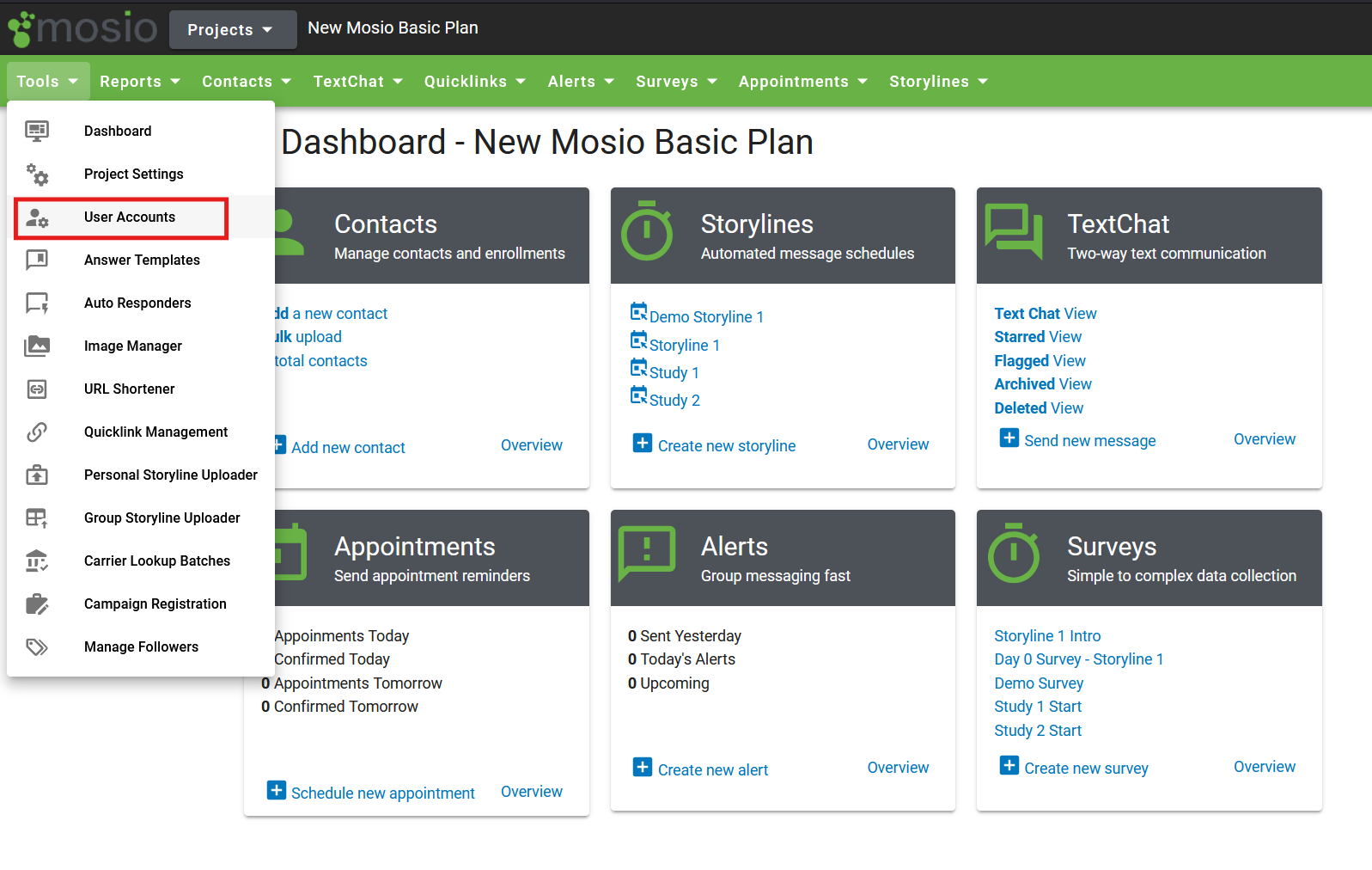 Screenshot of the Mosio project dashboard, with the tools dropdown menu selected, where the User Accounts option from the dropdown is highlighted.