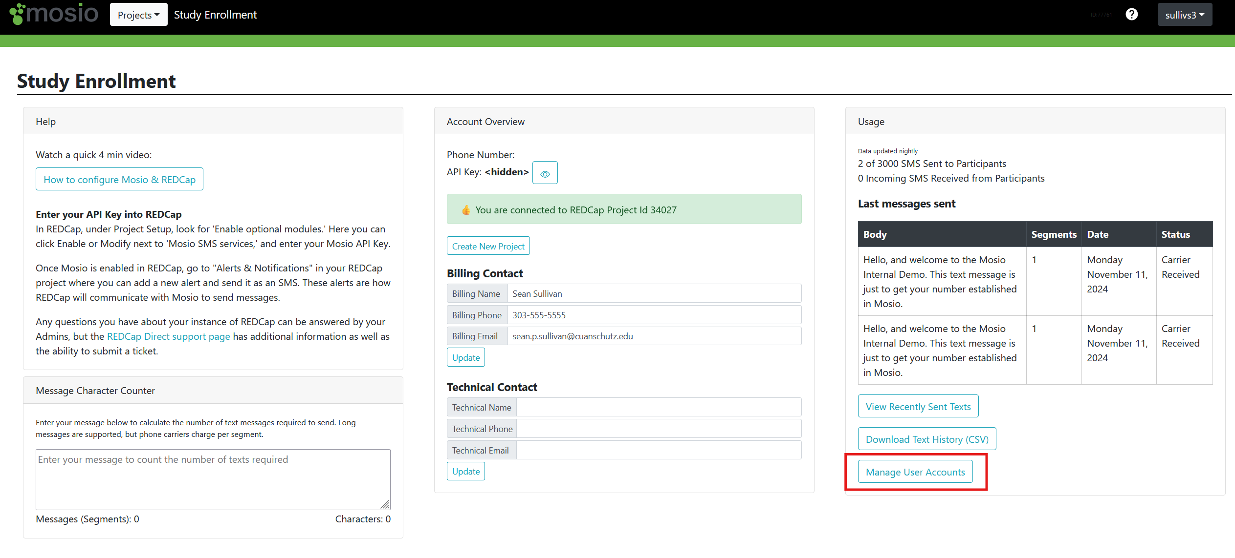 Screenshot of a web browser with the Mosio Direct Dashboard where the Manage user accounts button is highlighted