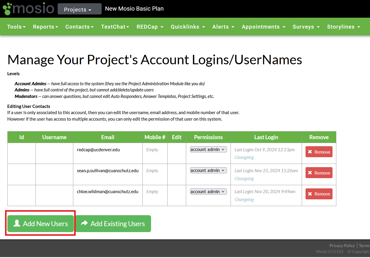 Screenshot of the user management page of a Mosio project, with the Add New Users button highlighted.