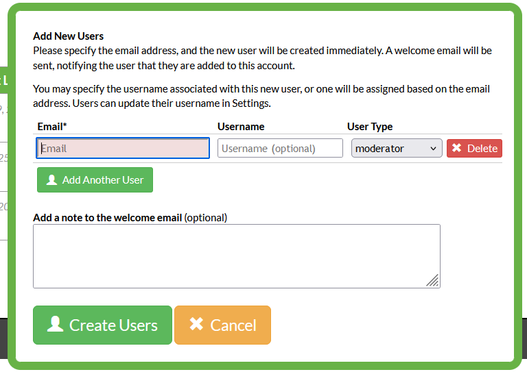 Screenshot of a pop-up window on the user management page of a Mosio project, with the pop-up window containing fields to add details required to add new users.