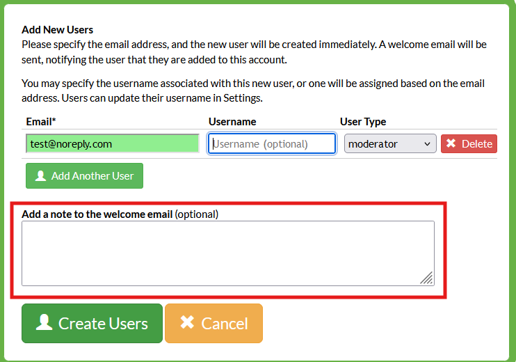 Screenshot of a pop-up window on the user management page of a Mosio project, with the Add a note to the welcome email textbox highlighted