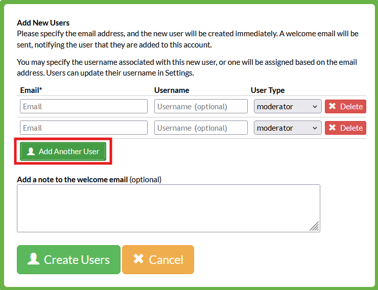 Screenshot of a pop-up window on the user management page of a Mosio project, with the Add Another User button highlighted.