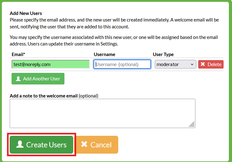 Screensht of a pop-up window on the user management page of a Mosio project, with the email field set to test@noreply and User Type set to moderator. The create users button is highlighted.