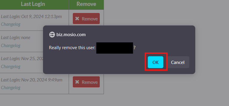 Screenshot of the browser pop-up window asking for confirmation of user removal. The OK response is highlighted.