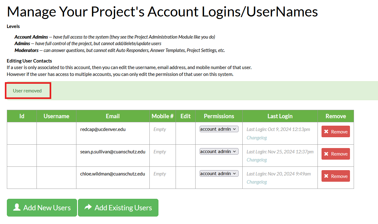 Screenshot of a Mosio project's user management page, with a banner reading User removed, and the user previously selected no longer appearing on the page.