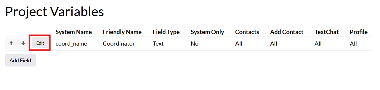 Screenshot of the Proejct variables page in Mosio, with the edit button highlighted for an existing variable