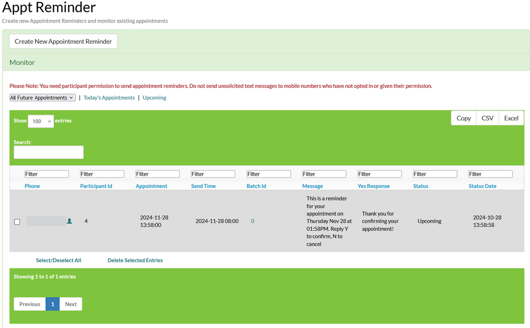Screenshot of the schedule and monitor page for appointment reminders in Mosio, with a single appointment reminder appearing. The date value matches the one pictured in the previous screenshot.