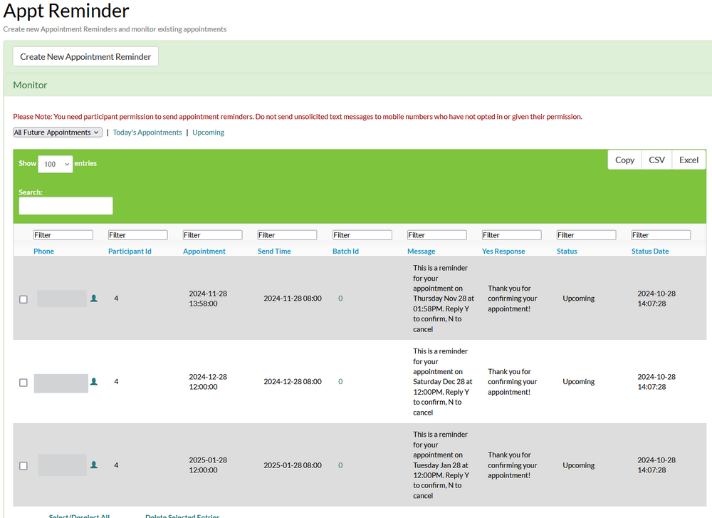 Screenshot of the schedule and monitor page for appointment reminders in Mosio, with several appointment reminders scheduled. The date values match those that appeared in the previous screenshot.