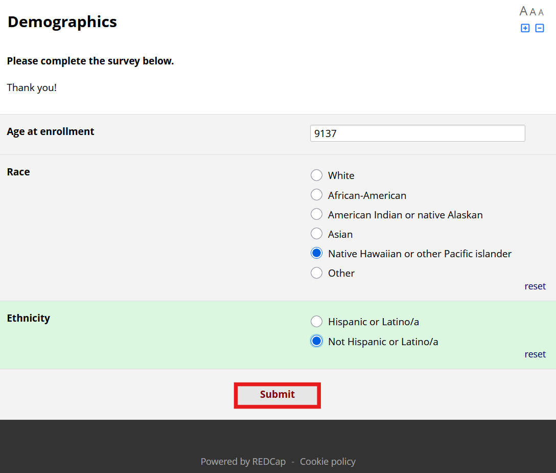 Screenshot of a REDCap demographics survey, with the submit button highlighted.