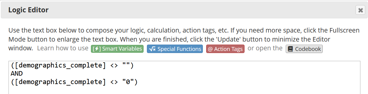 Screenshot of advanced branching logic editor in REDCap.