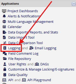 The left-hand panel of REDCap with the Logging link highlighted.