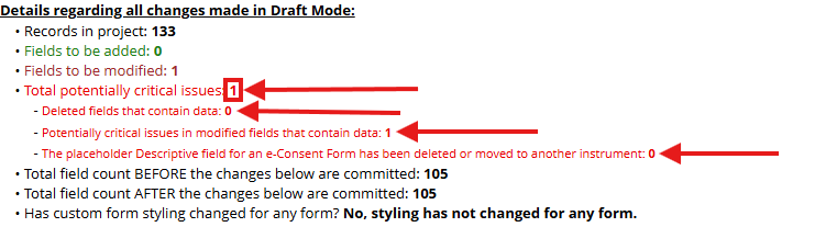 Screenshot of change summary page with critical issues highlighted