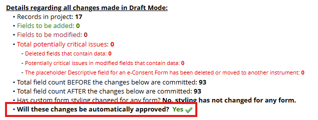 Screenshot of change summary page with automatic approval indicator outlined in red