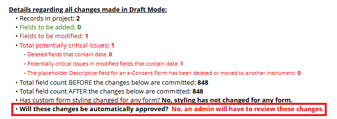 Screenshot of change summary page with automatic approval indicator outlined in red
